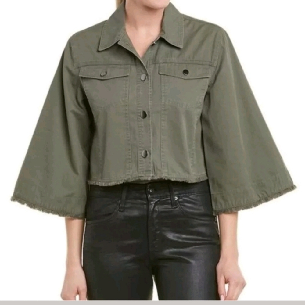 Jack BB Dakota olive gray cropped Parka Button jacket Ruffles Size Small